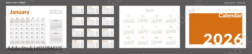 2026 Calendar Planner Set of Template Monthly Page, Cover with Place for Photo, Company Logo, Annual 2027. Vector layout grid of wall or desk calendar with week start Sunday for print. Page A4-21x29.7