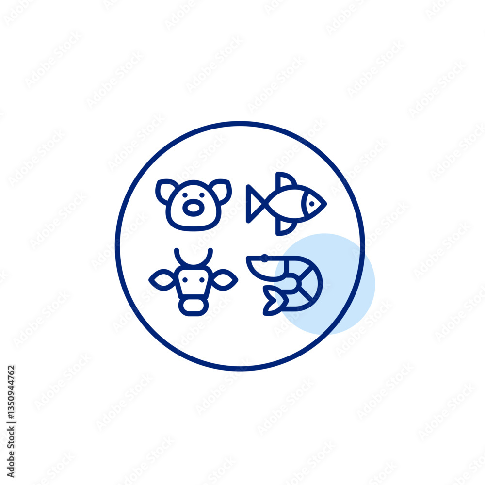 Pork, fish, beef and shrimp. Meat and seafood protein sources in a healthy diet or restaurant menu. Pixel perfect, editable stroke vector icon Pork, fish, beef and shrimp. Meat and seafood protein sources in a healthy diet or restaurant menu. Pixel perfect, editable stroke vector icon