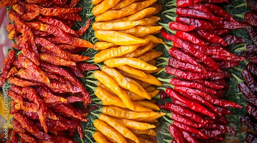 Fototapeta Naklejka Na Ścianę i Meble -  A Mexican-style food stall selling homemade dried chili peppers, arranged in intricate patterns of red and orange hues