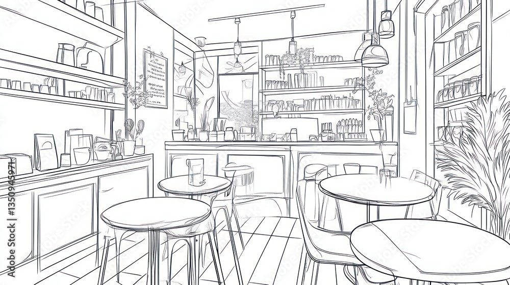 Interior sketch of a cafe, simple lines, plant decor, tables, chairs. Potential use architectural design, interior design ideas, cafe design inspiration