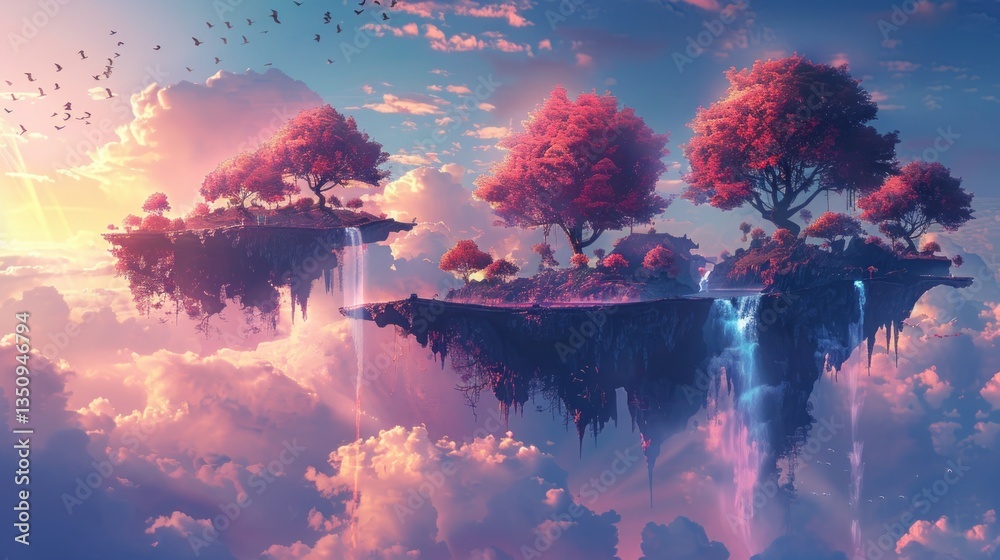 Floating Islands, Pink Trees, Sunset, Clouds, Waterfall, Fantasy, Aerial, Landscape, Beautiful Floating Islands, Pink Trees, Sunset, Clouds, Waterfall, Fantasy, Aerial, Landscape, Beautiful