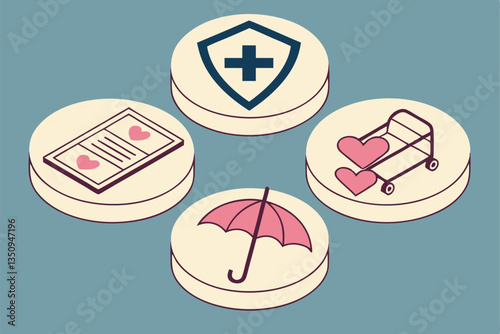 52 Healthcare icons, medical symbols, wooden circular tokens, blue background, minimalist design, healthcare concept, insurance protection, medical services, flat lay composition, centered layout, shi