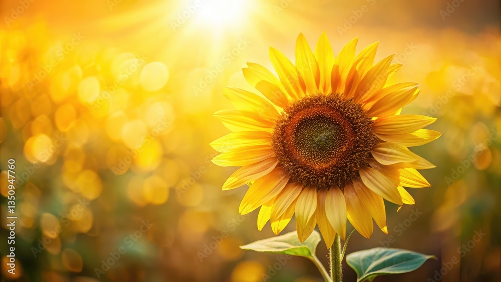Fototapeta premium Bright yellow sunflower blooms against a soft blurred sunny background with warm gentle light and subtle texture effects, natural textures, blurred background