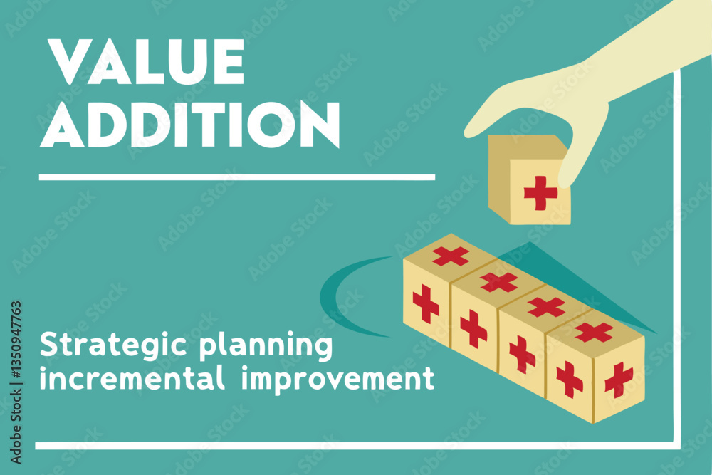 53 Wooden cubes with plus signs, value added concept, hand placing cube, teal background, minimalist design, business growth visualization, progress bar, white text overlay, clean aesthetic, strategic 53 Wooden cubes with plus signs, value added concept, hand placing cube, teal background, minimalist design, business growth visualization, progress bar, white text overlay, clean aesthetic, strategic