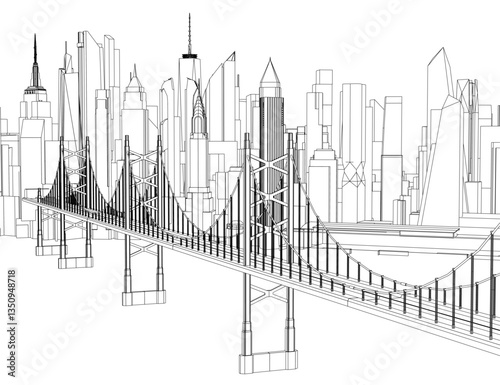 A city skyline with a bridge in the middle. The bridge is a suspension bridge with a large arch. The city is full of tall buildings and the bridge is the main focus of the image