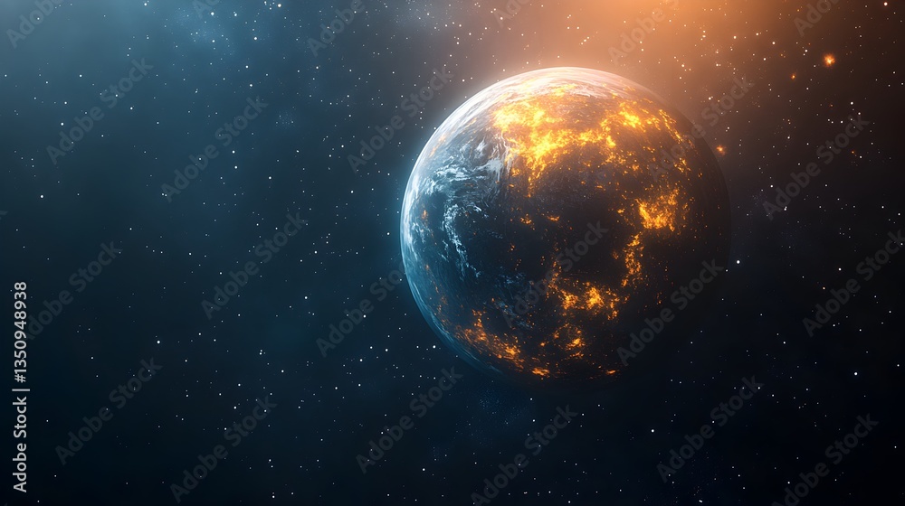 A vibrant Earth-like planet glows with city lights against a deep space backdrop of twinkling stars and cosmic dust.