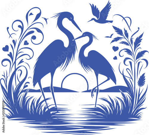 Serene Blue Heron Silhouette: A graceful silhouette of two herons, accompanied by other birds and foliage, serenely overlooks a tranquil sunset scene, rendered in shades of blue and white.