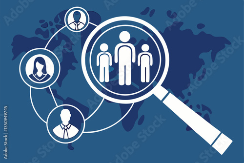 54 Human resources concept, magnifying glass focusing on group icon, circular people icons, global workforce, blue background, world map pattern, recruitment visualization, talent search, employee sel