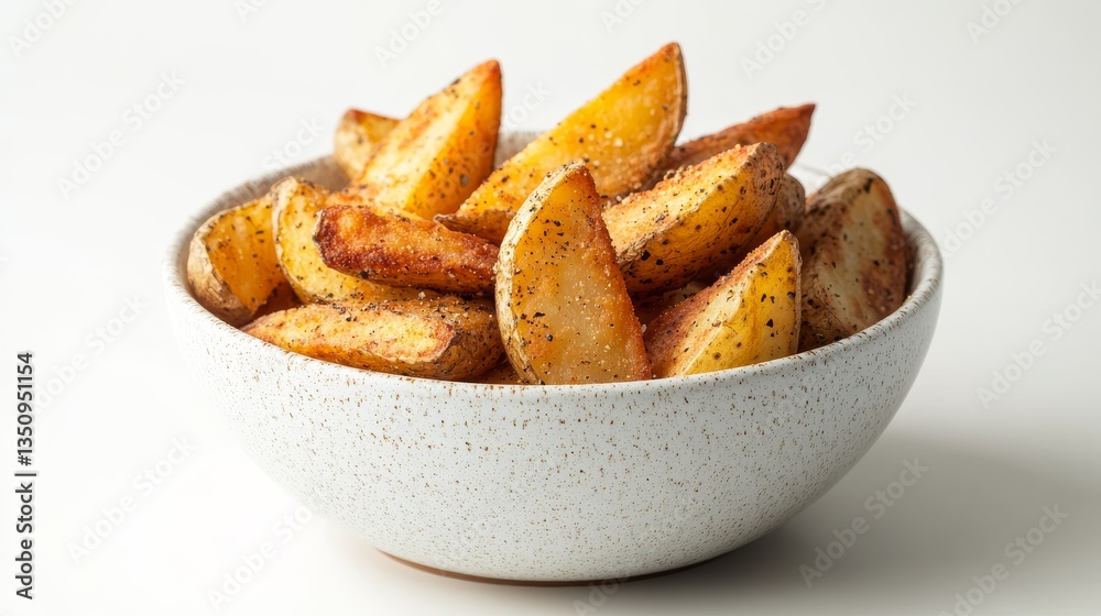 A golden crispy potato wedges on a bowl in a white background