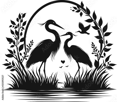 Love Birds in Silhouette: Elegant silhouettes of two herons, surrounded by flourishing foliage and a fluttering bird, create a romantic and serene illustration of avian love. The scene.