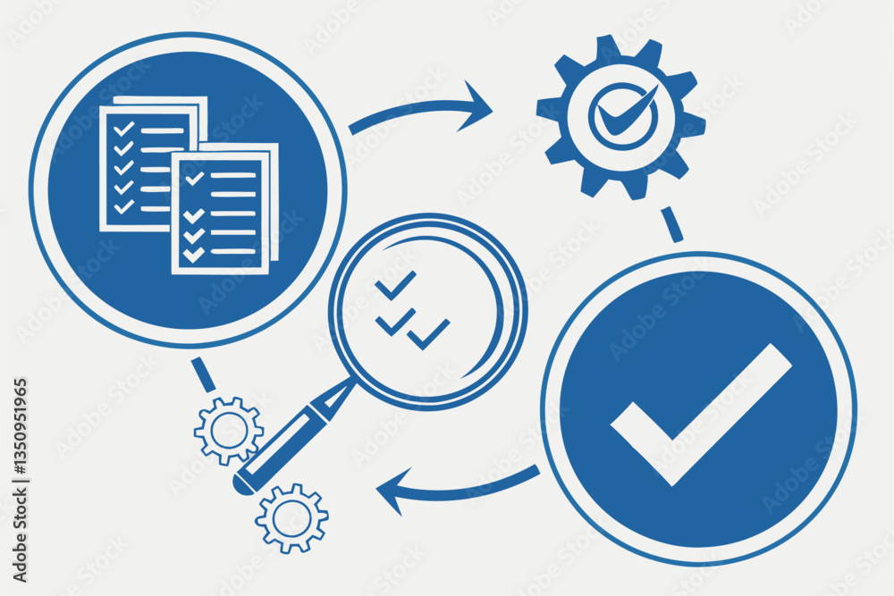 56 Document icons, circular buttons, blue background, magnifying glass, white checkmark, quality control concept, data analysis, paperwork symbols, administrative tasks, approval process, business eff 56 Document icons, circular buttons, blue background, magnifying glass, white checkmark, quality control concept, data analysis, paperwork symbols, administrative tasks, approval process, business eff