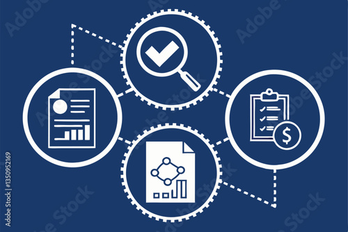 56 Document icons, circular buttons, blue background, magnifying glass, white checkmark, quality control concept, data analysis, paperwork symbols, administrative tasks, approval process, business eff
