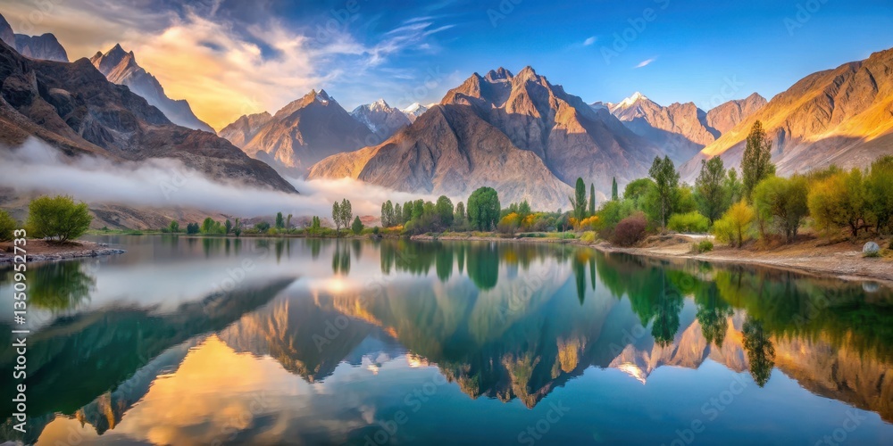 Beautiful serene landscape of Chorbat Valley in Gilgit-Baltistan at sunrise with misty mountains and tranquil lake, Tranquil Lake, Valley Scenery