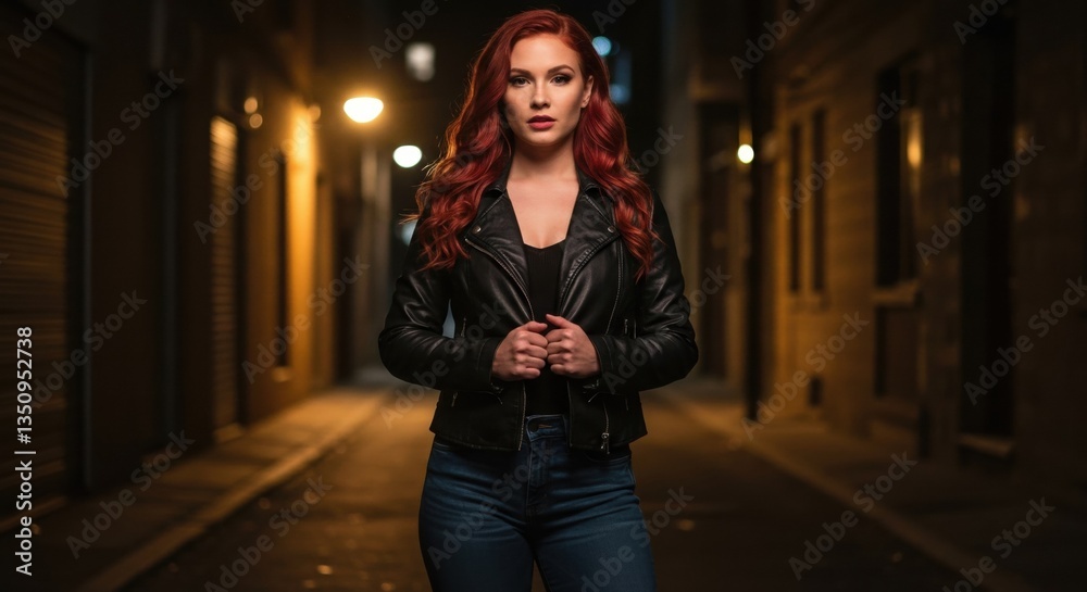 Fototapeta premium Stylish Woman with Red Hair Posing in Dimly Lit Urban Street at Night, Perfect for Fashion and Nightlife Photography.
