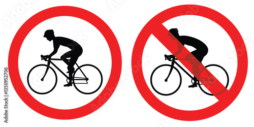 Bike lane and Stop or ban sign with bicycle icon isolated on white background. Cycling is prohibited. vector illustration.