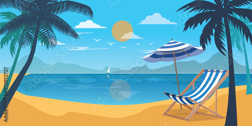  summer background of sea shore. Good sunny day. Deck chair and beach umbrella on the sand coast. holiday concept.illustration flat style