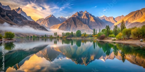 Obraz na płótnie Beautiful serene landscape of Chorbat Valley in Gilgit-Baltistan at sunrise with misty mountains and tranquil lake, Tranquil Lake, Valley Scenery w salonie