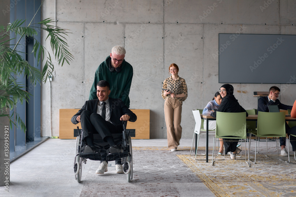 Obraz premium A diverse team of business colleagues, including a director in a wheelchair, engages in a collaborative discussion as they move together through a modern office space