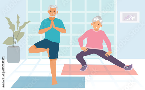 Senior couple is doing fitness training at home. Doing yoga together. Healthy lifestyle concept. vector