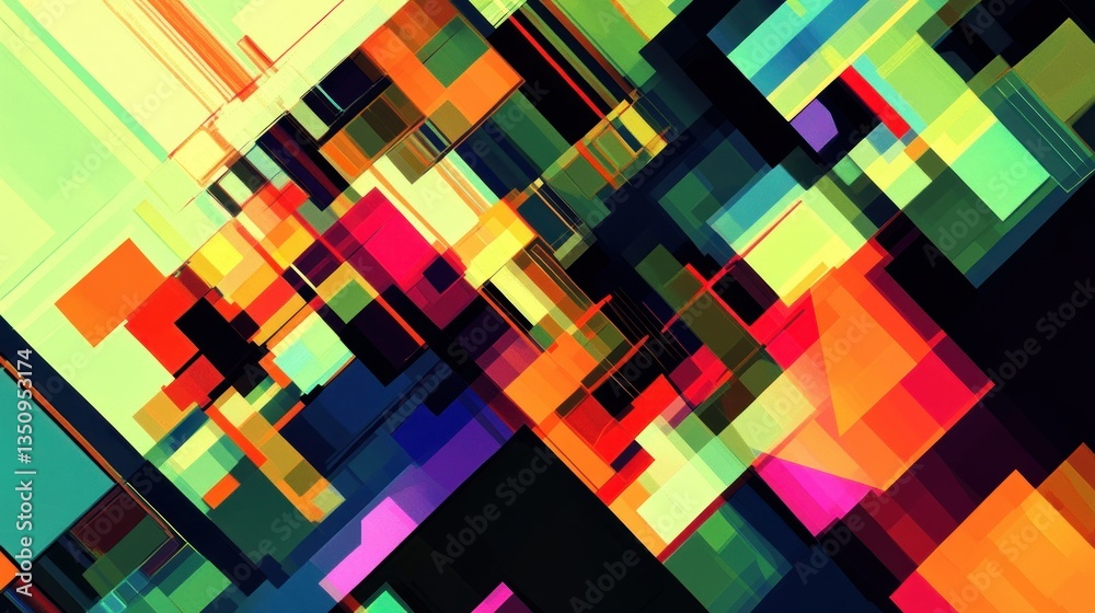 Abstract multicolored geometric pattern with overlapping translucent squares and diagonal lines creating a modern vibrant design for backgrounds Abstract multicolored geometric pattern with overlapping translucent squares and diagonal lines creating a modern vibrant design for backgrounds