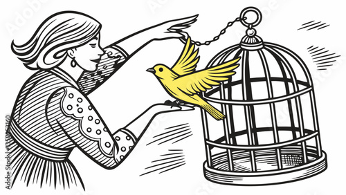 Female hands releases a yellow canary bird from a cage. Vintage engraving stylized drawing. Vector illustration
