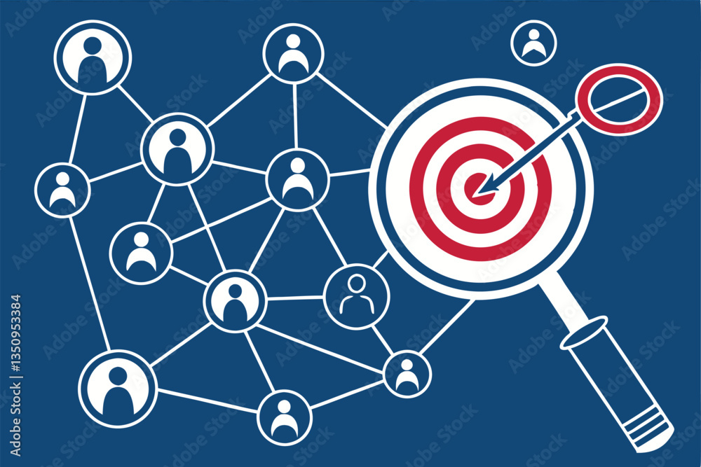 57 Network connections, user icons, circular target, magnifying glass, blue background, interconnected nodes, social media concept, precision marketing, customer targeting, digital networking, concent 57 Network connections, user icons, circular target, magnifying glass, blue background, interconnected nodes, social media concept, precision marketing, customer targeting, digital networking, concent