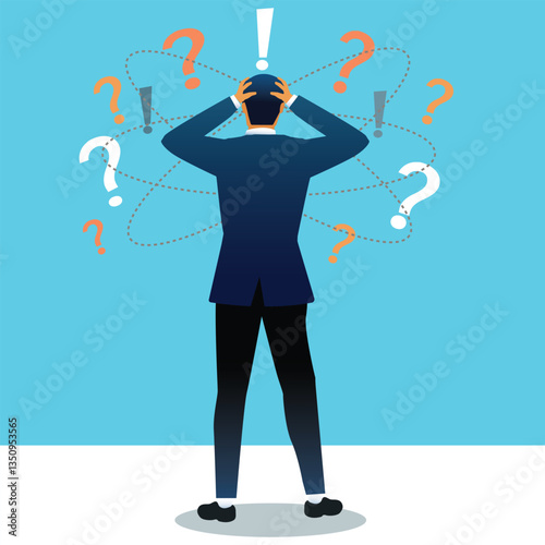 Pensive man standing and making business decision. Cartoon businessman choosing work strategy for success. Questions dilemma and options confusion concept .vector illustration.