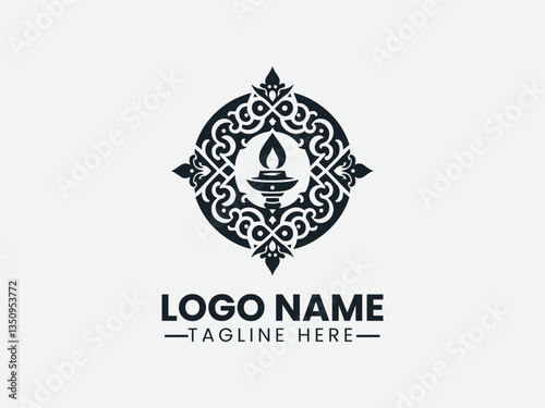ornate diya lamp within decorative square frame. Cultural logo