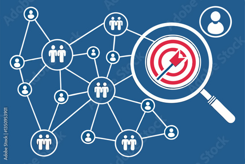 57 Network connections, user icons, circular target, magnifying glass, blue background, interconnected nodes, social media concept, precision marketing, customer targeting, digital networking, concent