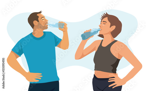 Young athletic man and woman engaged in healthy lifestyle during morning warm-up and workout on roof of modern building. Athletic sporty man and fit woman drinking water after jogging outdoors. vector