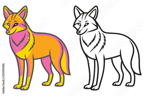 A Colorful Coyote and Its Line Art Version for Coloring Pages Illustration
