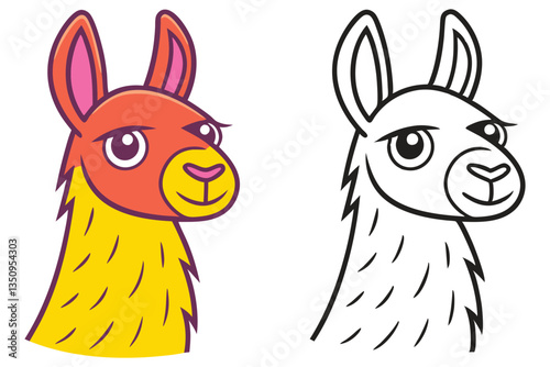 Adorable Llama Illustration Color and Outline Version for Kids Coloring Book Animal Character Design