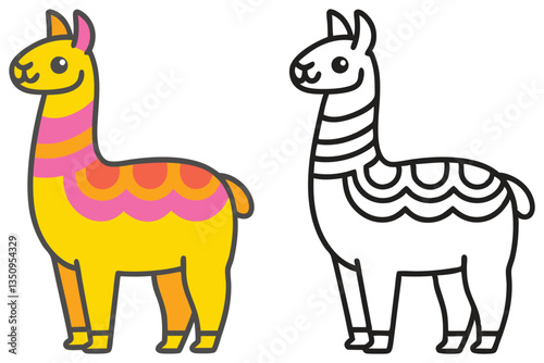 Adorable Llama Illustration Colorful and Black and White Versions for Kids Coloring Pages Cute Animal Design