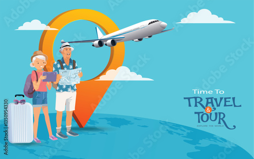 Time to Travel promo vector design. Couple senior tourists, Travel tour text  with airplane and location pin elements for flight travelling. vector