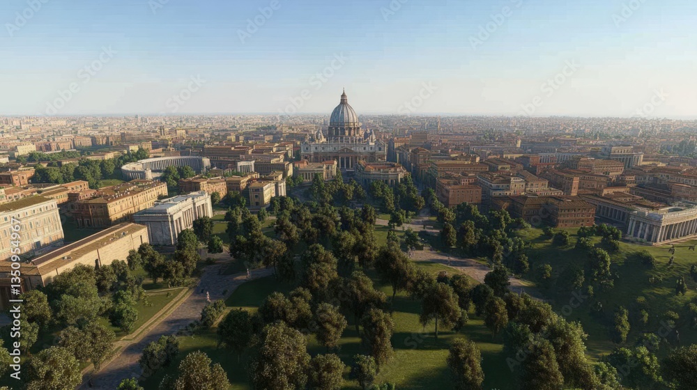 Obraz premium Aerial view of a historic cityscape featuring a grand dome surrounded by lush greenery and buildings