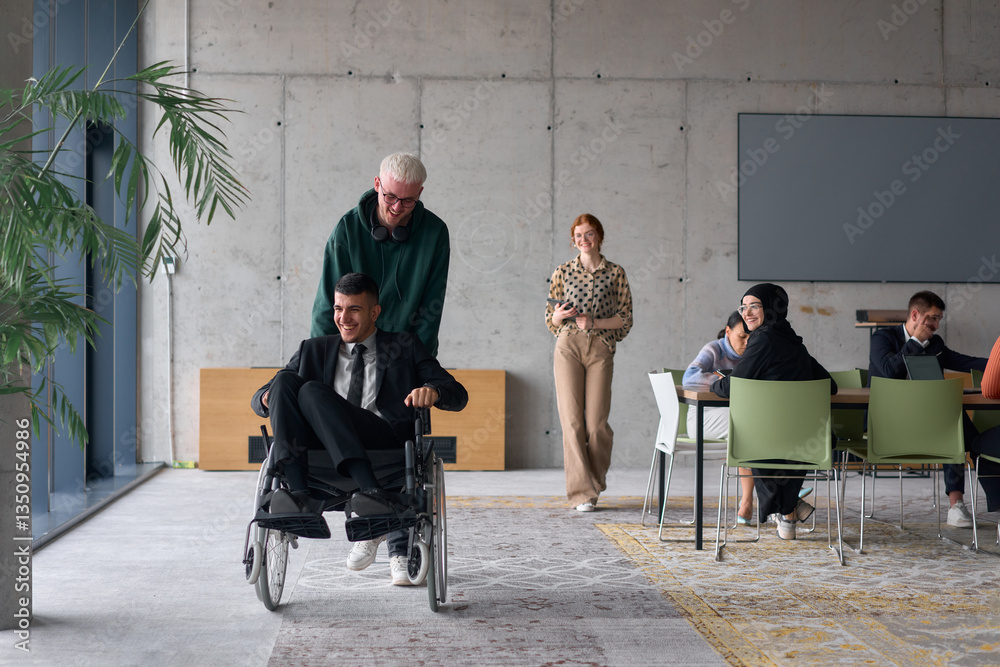 Obraz premium A diverse team of business colleagues, including a director in a wheelchair, engages in a collaborative discussion as they move together through a modern office space