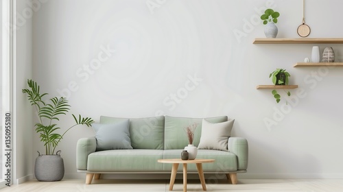 A modern Scandinavian-style living room featuring a neutral color palette, a sleek yet comfortable sofa in muted sage green, and natural wooden shelves adorned with ceramic vases and indoor plants