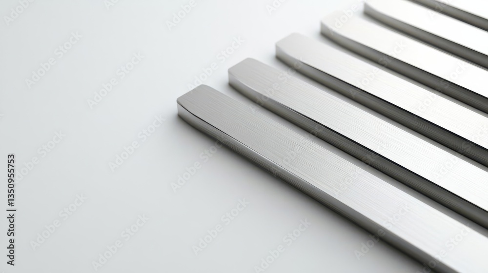 Close-up of sleek metallic strips arranged in parallel on a minimalist surface, emphasizing design Close-up of sleek metallic strips arranged in parallel on a minimalist surface, emphasizing design