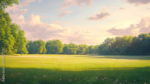 Expansive field of flowers and trees bathed in soft sunlight blending harmoniously in a beautiful natural landscape scene.