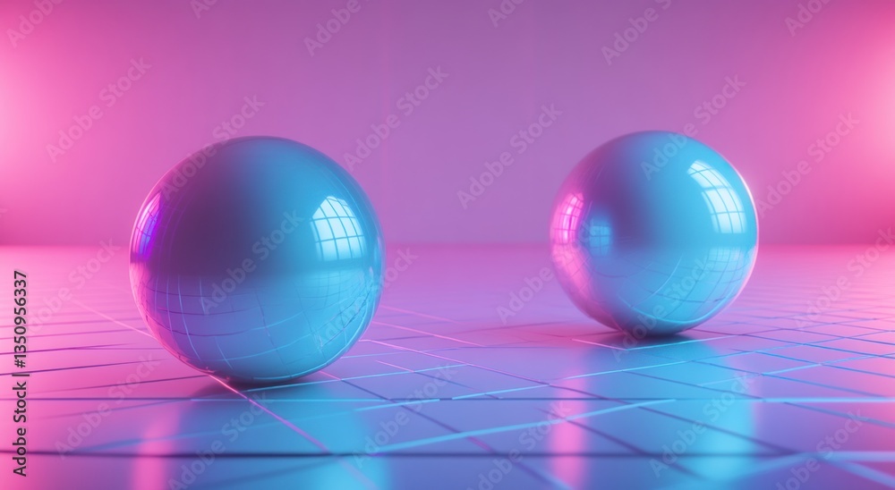 Obraz premium Two reflective spheres are resting on a tiled reflective surface