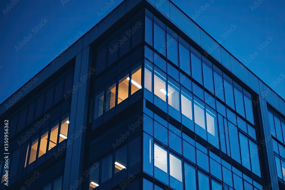 Modern office building at dusk. Corner view of a contemporary glass and dark facade skyscraper at night. Illuminated windows reveal interior activity Modern office building at dusk. Corner view of a contemporary glass and dark facade skyscraper at night. Illuminated windows reveal interior activity
