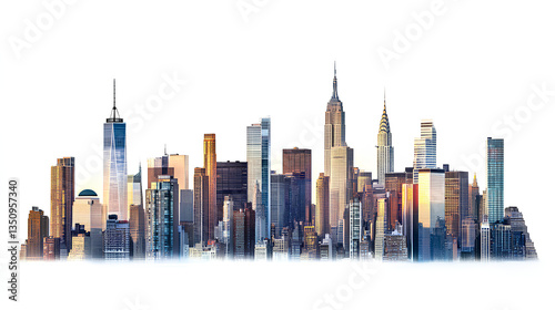 Panoramic view of the Manhattan skyline. Features various high-rise buildings. Isolated on a white background. Concept of urban landscapes and cityscapes