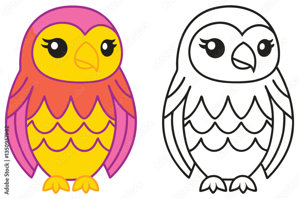Fototapeta premium Adorable Cartoon Owl Coloring Page Illustration Two Versions Pink Yellow and Black White