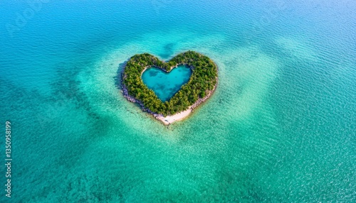 Heart-shaped Island Surrounded by Turquoise Waters and Lush Greenery in Paradise