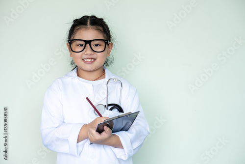 asian girl kid in laboratory gown, writing in a notepad and with a stethoscope, acting like medical practitioners such as doctor, nurse or caregiver to show the benefit of science