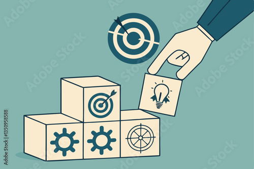 60 wooden cubes with business icons, finger pointing at target icon, selective focus, teal background, strategy concept, goal setting, business objectives, minimalist composition, shallow depth of fie