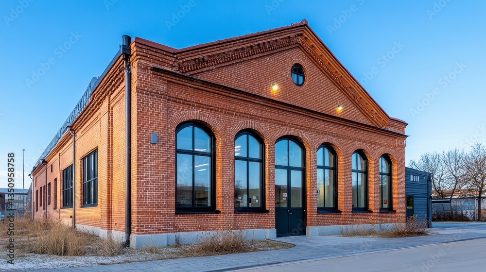 Historic Brick Warehouse with Arched Windows and Clear Blue Sky Historic Brick Warehouse with Arched Windows and Clear Blue Sky