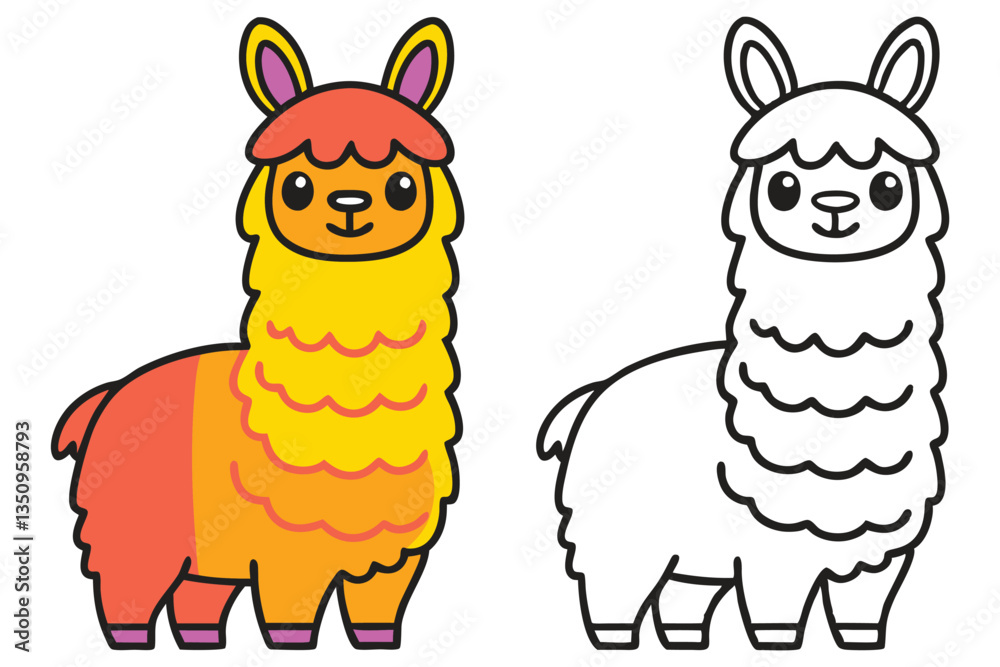 Naklejka premium Adorable Llama Illustration Color and Line Art Version for Kids Coloring Book Pages