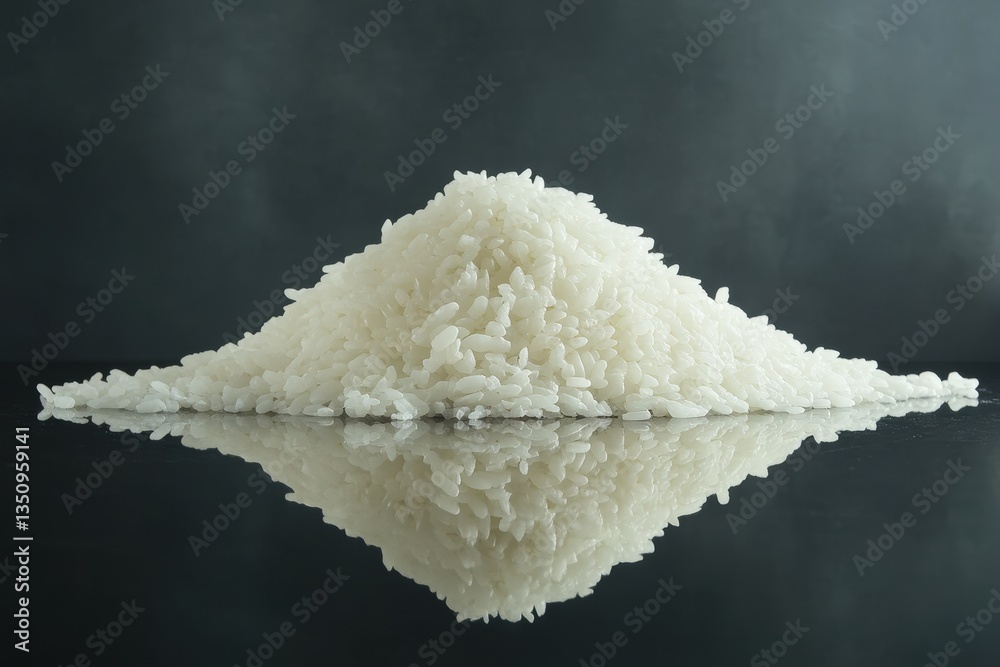 A large pile of cooked white rice with a reflection below A large pile of cooked white rice with a reflection below