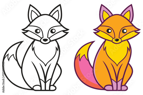 Adorable Fox Coloring Page Illustration Featuring a Cute Sitting Fox in Black and White and Vibrant Orange Pink
